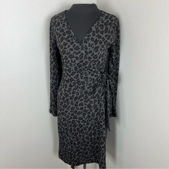 Ann Taylor Leopard Wrap Dress Black Grey Long Sleeve Tie Front - Picture 1 of 5